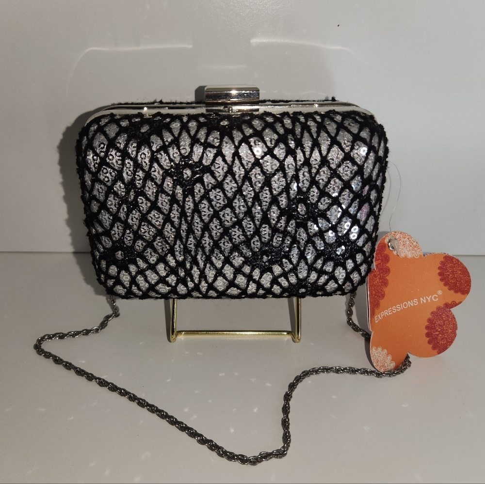 Expressions NYC clutch black and silver with silver long chain